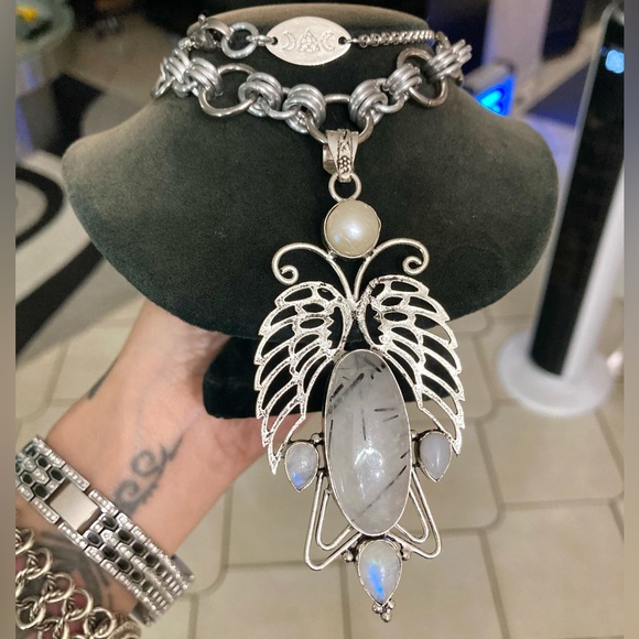 925 sterling silver overlay butterfly iridescent moonstone & quartz gem necklace - Picture 7 of 12